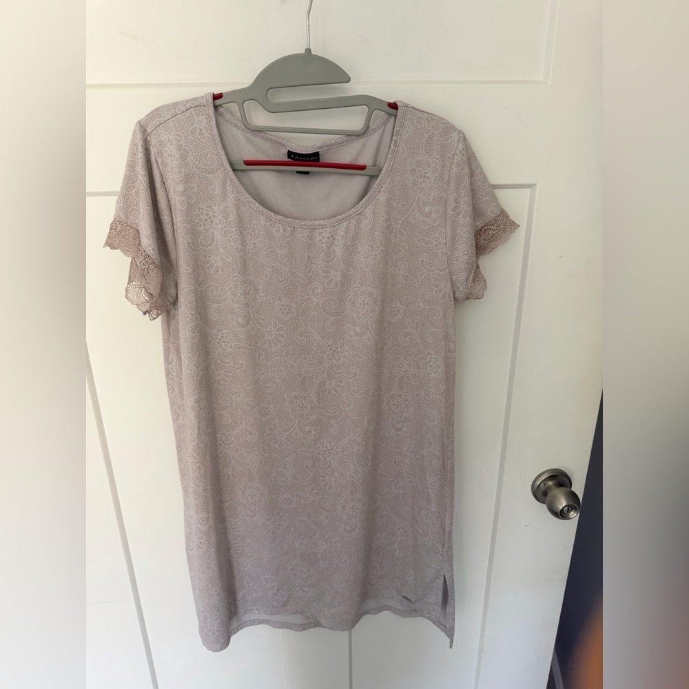 Tahari Blush Lace Print T-Shirt Dress Lace Trim Sleeves Large | Tunic Mini Dress